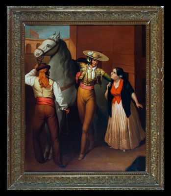 tableau représentant un homme et une femme debout à côté d'un cheval