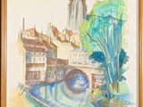 a watercolor painting of a city with a bridge and a boat