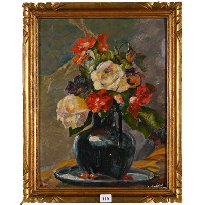 une peinture à l'huile représentant un vase de fleurs sur une table