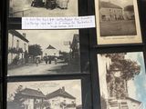 several old black and white photos of old buildings and people