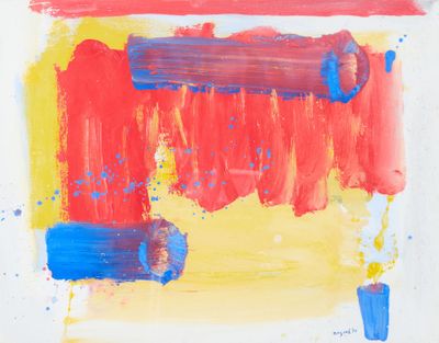 une peinture abstraite composée de rouge, de jaune et de bleu sur fond blanc