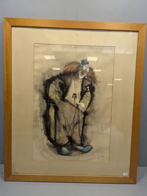 une image représentant un dessin d'un clown en costume et avec un chapeau