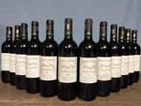 six bottles of red wine lined up on a wooden table