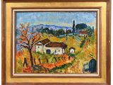 une peinture à l'huile représentant un homme assis sur un banc devant une maison