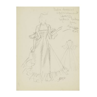 un dessin représentant une femme en robe, avec un chapeau et des gants