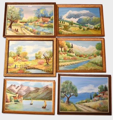 six paintings of a landscape with a river, a church, a boat, and a house