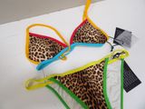 leopard print bikini with multi colored trims on a white surface