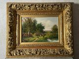 peinture représentant un paysage avec des vaches dans un champ et un ruisseau