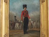 an oil painting of a man in uniform standing in front of a group of horses