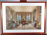 painting of a drawing of a living room with furniture and a fireplace