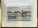 framed watercolor painting of a boat in a harbor with a castle in the background