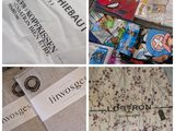 plusieurs photos représentant différents types de vêtements et des ciseaux posés sur une table