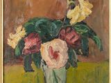 une peinture à l'huile représentant un vase de fleurs sur une table