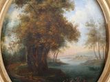 an oil painting of a wooded landscape with a river in the foreground