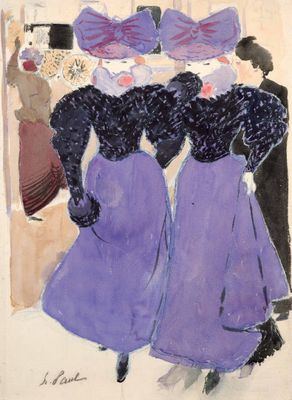 tableau représentant trois femmes en robe violette debout devant un miroir