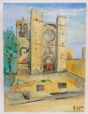 l'image d'une peinture d'un bâtiment sur laquelle figure une horloge