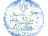 une assiette bleue et blanche sur laquelle est représenté un homme et une femme
