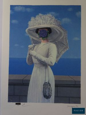 un tableau représentant une femme en robe blanche et chapeau, tenant un parapluie