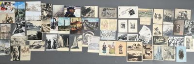 a wall full of old photos and postcards on the wall