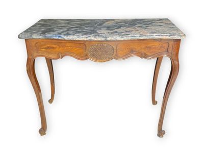 an image of a marble topped table with a wooden frame