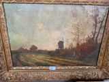 an oil painting of a landscape with a windmill in the distance
