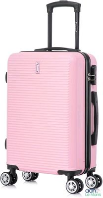 the pink suitcase is sitting on wheels on a white surface