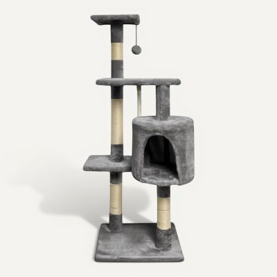 a gray cat tree with a ball on top of it