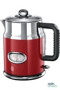 bouilloire électrique rouge avec un indicateur de température sur fond blanc