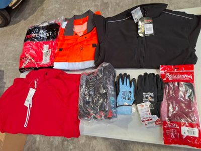 a lot of clothing and gloves on a table