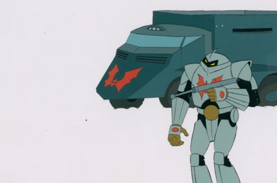 cellule d'animation représentant un robot tenant un gros équipement