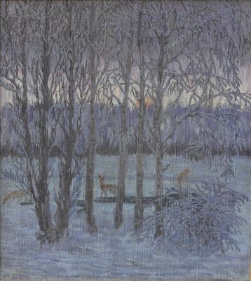 une peinture à l'huile représentant un paysage enneigé avec des arbres et une clôture