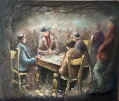 a painting of a group of men playing a game of checkers