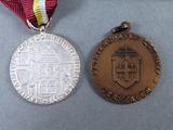 two medals with a red ribbon and a silver medal on a blue surface