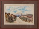 a picture of a painting of a road going through a field