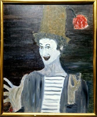 tableau représentant un clown coiffé d'un haut-de-forme et tenant une rose à la main