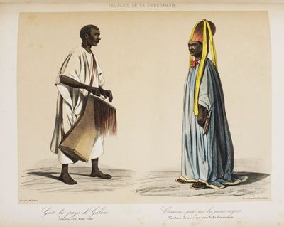 un vieux dessin représentant un homme et une femme vêtus de costumes traditionnels