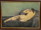 une peinture à l'huile représentant une femme nue allongée sur un lit