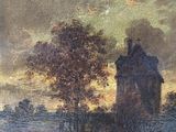 an old painting of a house in a field with a tree