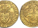 a gold coin with a crown on the front and a shield on the back