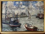 a painting of boats on the water with a sky background
