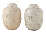 deux vases blancs ornés de motifs sur fond blanc