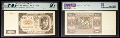 three different types of currency are on display in a display case