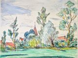 peinture représentant un paysage avec des arbres et une église au loin