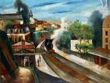 un tableau représentant un train sortant d'un tunnel