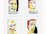 quatre dessins de couleurs différentes représentant le visage d'un homme sur fond blanc