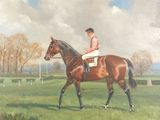 une peinture représentant un homme à cheval dans un champ