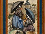an image of a painting of a woman with an umbrella and a dog