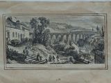 an old drawing of a building with a bridge in the background