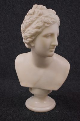 marble bust of a woman with braided hair on a black background
