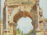 peinture représentant une arche flanquée de colonnes, avec le ciel en arrière-plan